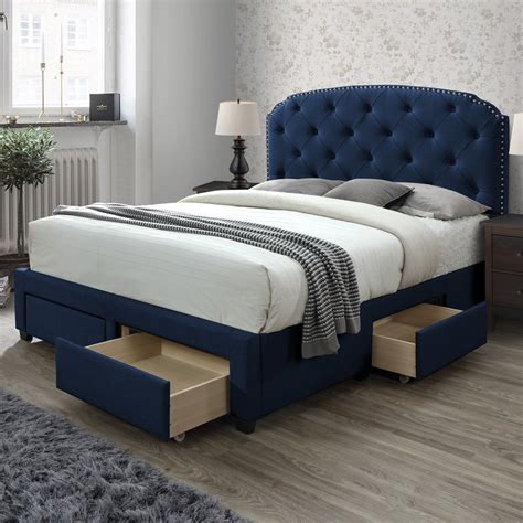 blue velvet bed with storage.